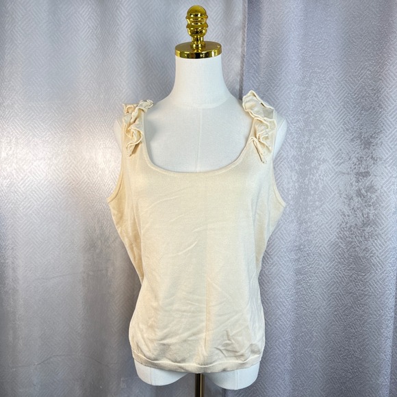 Lauren Ralph Lauren Cream Knit Tank Top Ruffle Shoulders XL Silk Blend - Picture 6 of 9